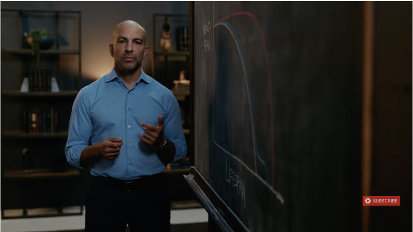 A man in a blue collared shirt gives a presentation with the aid of a visual graph which depicts one's lifespan in tandem with their health.